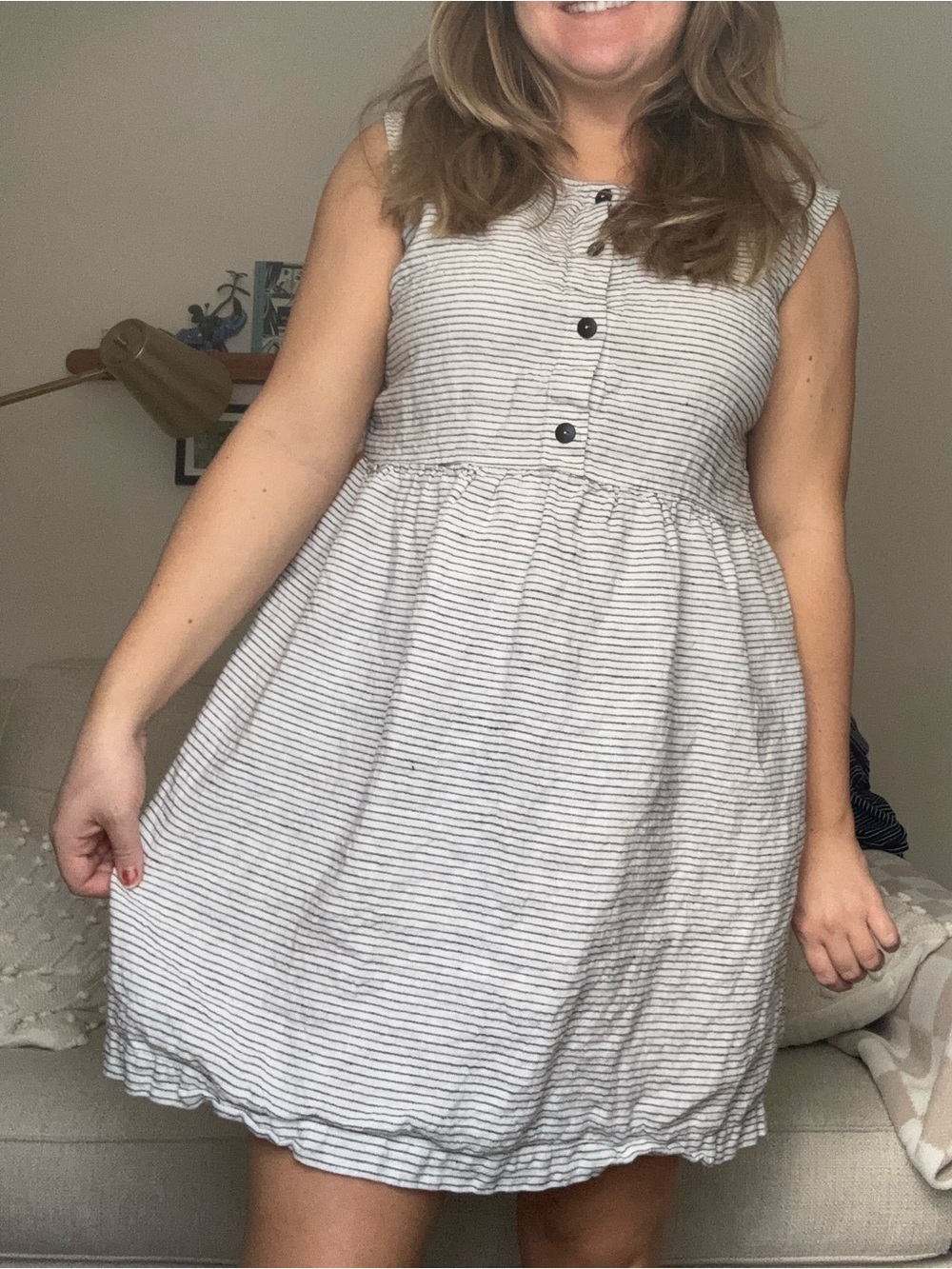 Striped Sleeveless Button-Front Mini Dress in Light Gray and White